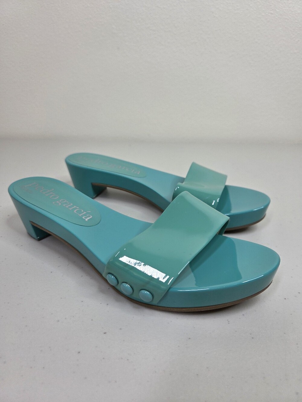 Pedro Garcia Teal Slide Sandals Patent Leather Straps Glossy Heels